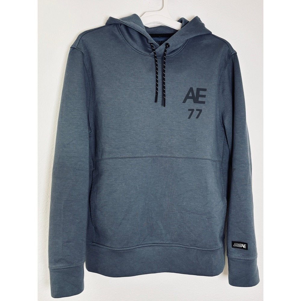 American Eagle AE 77 Graphic Hoodie Mens Medium Blue Gray Hooded Sweatshirt